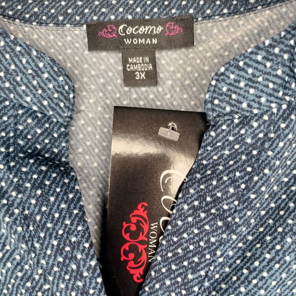 Cocomo Women's Plus Size 3X Denim Blue Polka Dot Print Pintuck Short Sleeve Top - Picture 6 of 7